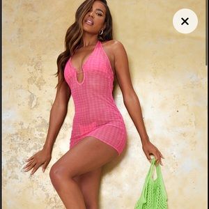prettylittlething pink mesh swimsuit cover dress
